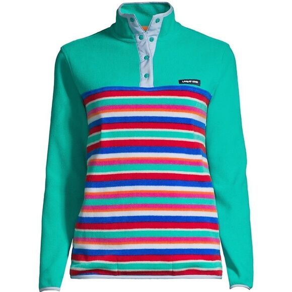 Lands’ End Women's Large Heritage Fleece Snap Neck Pullover striped sweatshirt - Picture 1 of 8